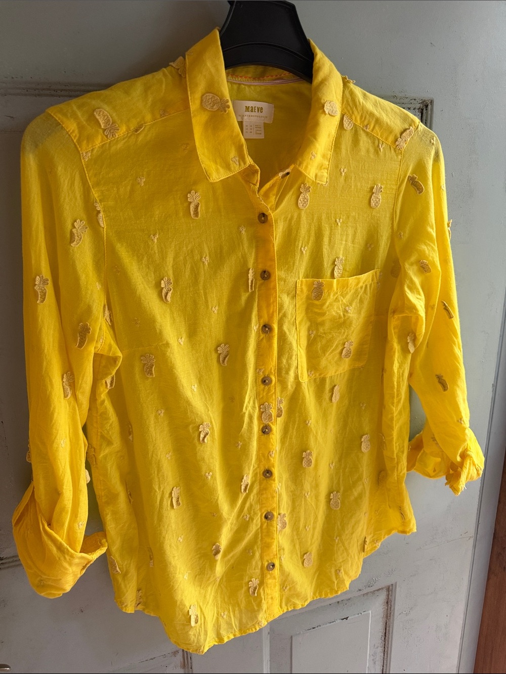 Anthropology Maeve Bright Yellow Pineapple-Embroidered Button-Down Shirt